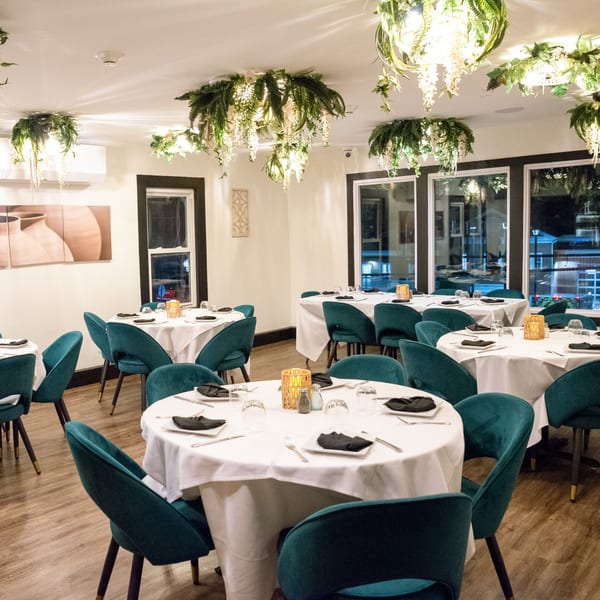 Elegant dining room at IXCHEL Mexican Cuisine with white-clothed tables, teal chairs, and hanging greenery.