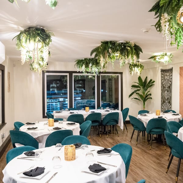 Elegant dining room at IXCHEL Mexican Cuisine with round tables, teal chairs, and lush hanging greenery.