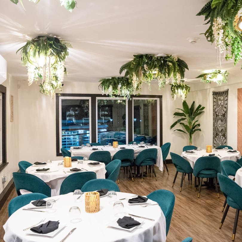Elegant dining room at IXCHEL Mexican Cuisine with round tables, teal chairs, and lush hanging greenery.