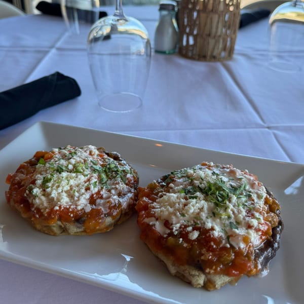Two Mexican sopes topped with red sauce, crumbled white cheese, and fresh cilantro on a white plate.