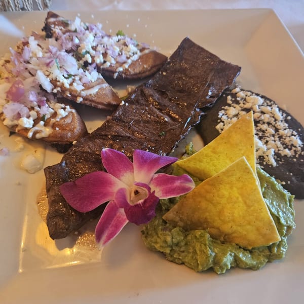 IXCHEL Mexican Cuisine's carne asada with guacamole, chips, black beans, and sopes, garnished with an orchid.