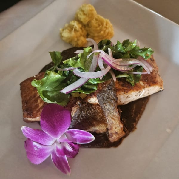 IXCHEL Mexican Cuisine's salmon dish with mole, salad, mashed plantains, and a purple orchid.