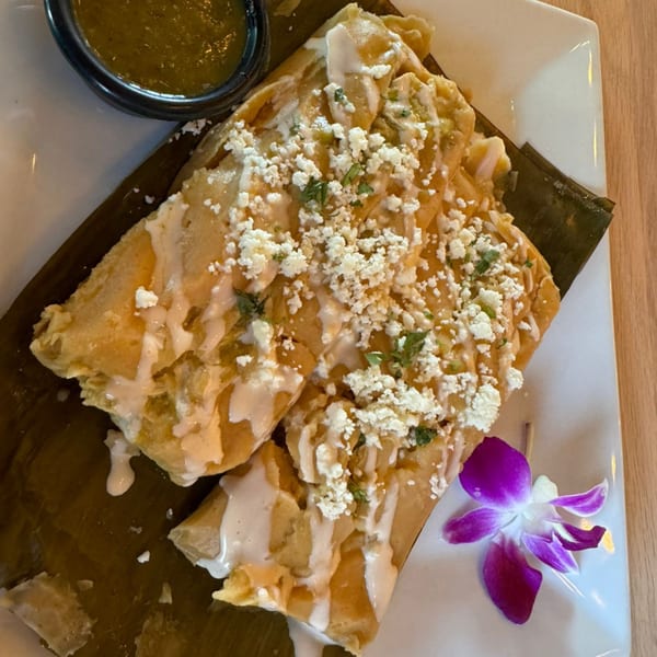 Two tamales topped with white sauce, crumbled cheese, and herbs, served with green salsa and an orchid.