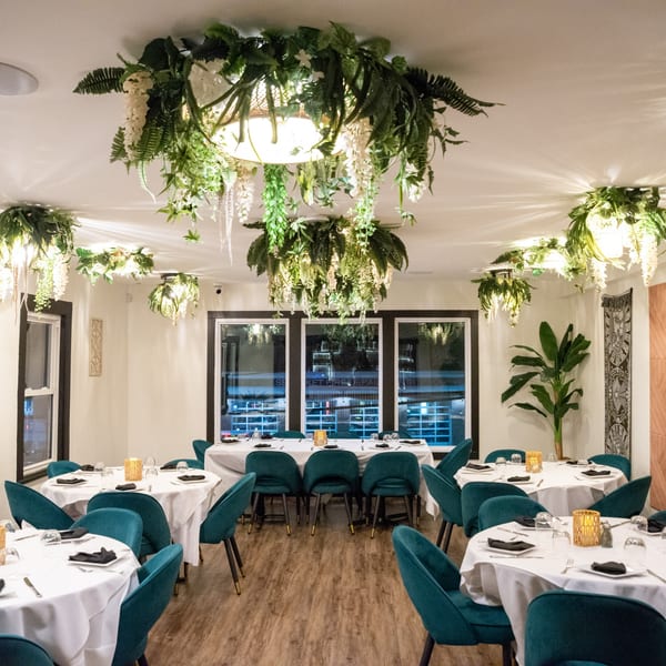 Elegant dining room at IXCHEL Mexican Cuisine with white-clothed tables, teal chairs, and lush hanging greenery.
